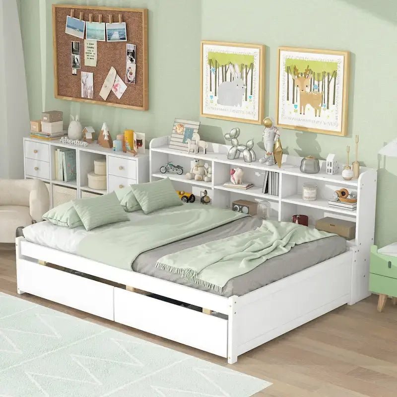 Cama matrimonial gris/expreso/blanca con estantería lateral y 2 cajones, capacidad para 1 o 2 personas