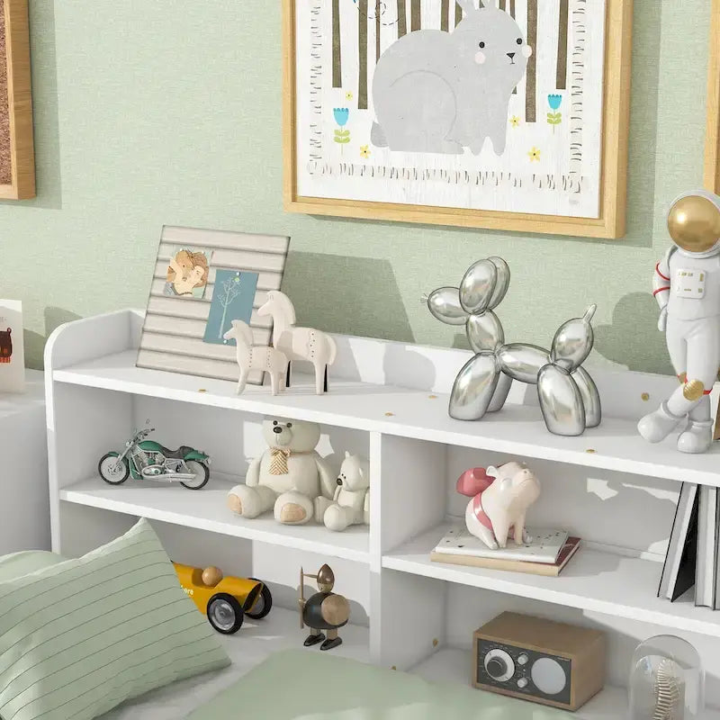 Cama matrimonial gris/expreso/blanca con estantería lateral y 2 cajones, capacidad para 1 o 2 personas