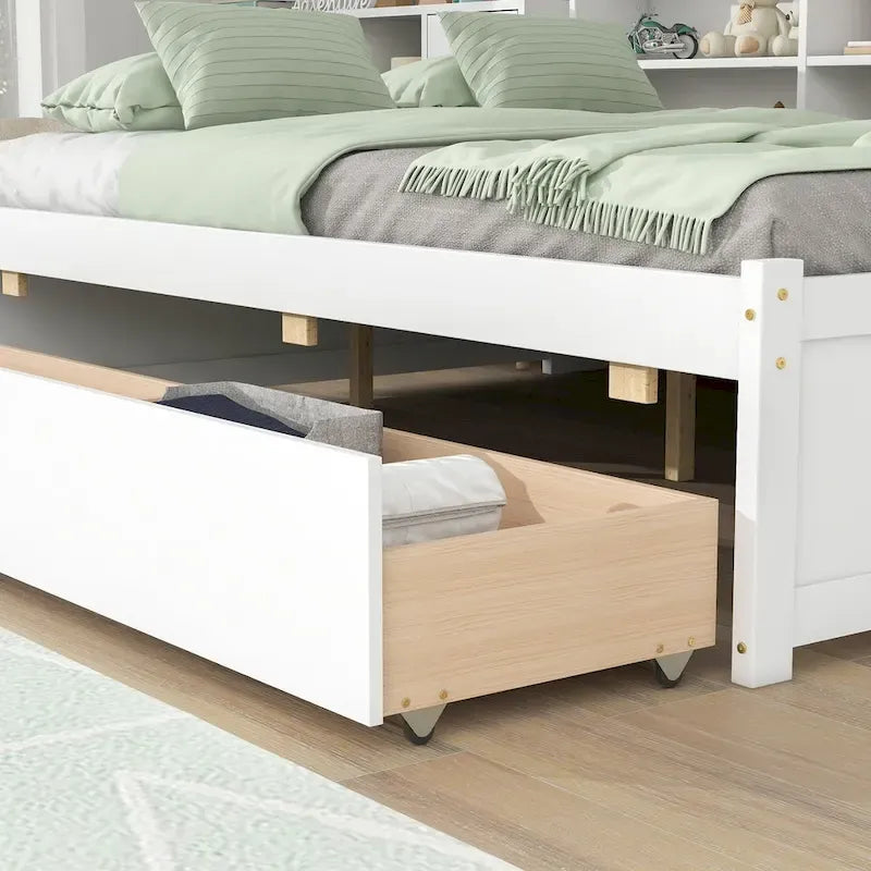 Cama matrimonial gris/expreso/blanca con estantería lateral y 2 cajones, capacidad para 1 o 2 personas
