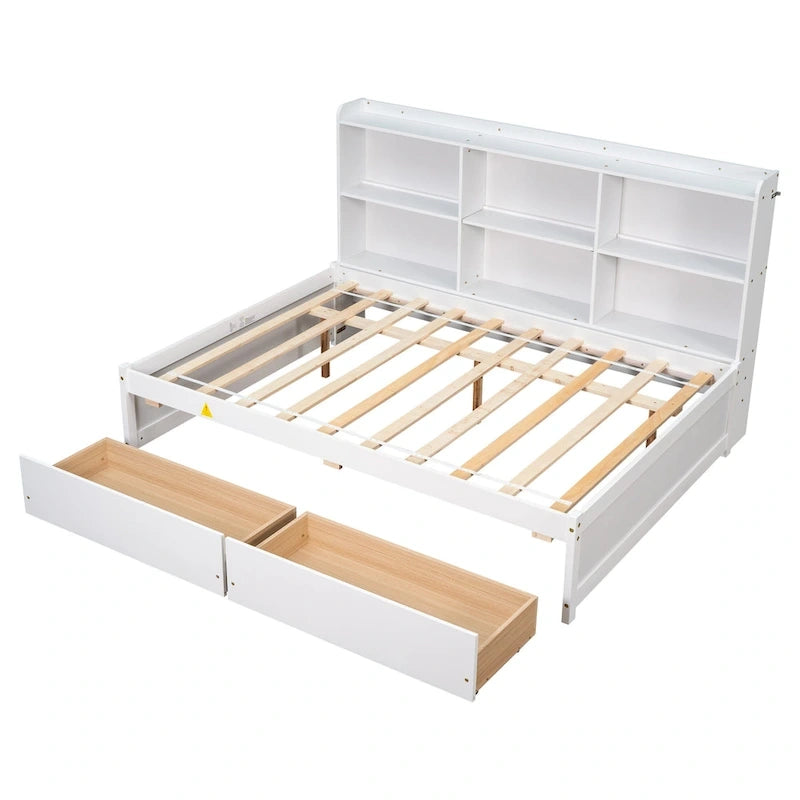 Cama matrimonial gris/expreso/blanca con estantería lateral y 2 cajones, capacidad para 1 o 2 personas