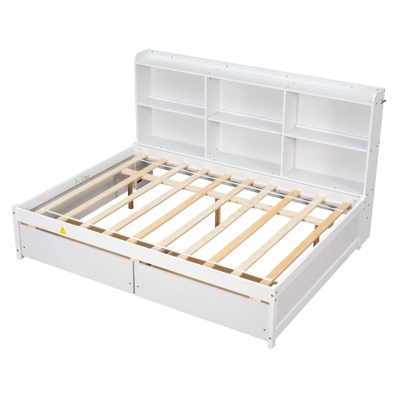 Cama matrimonial gris/expreso/blanca con estantería lateral y 2 cajones, capacidad para 1 o 2 personas