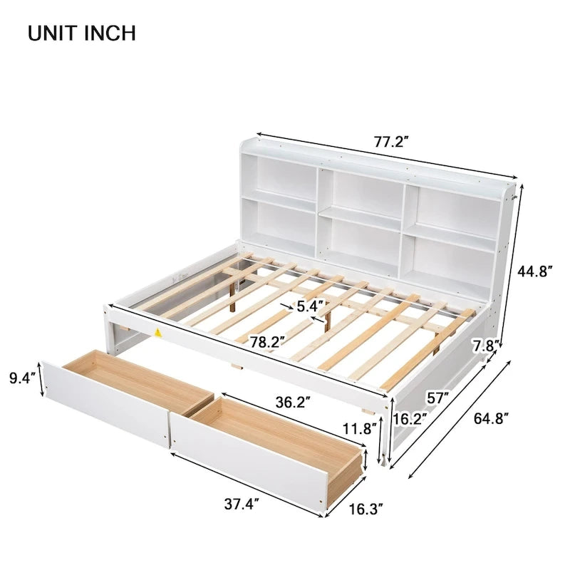 Cama matrimonial gris/expreso/blanca con estantería lateral y 2 cajones, capacidad para 1 o 2 personas
