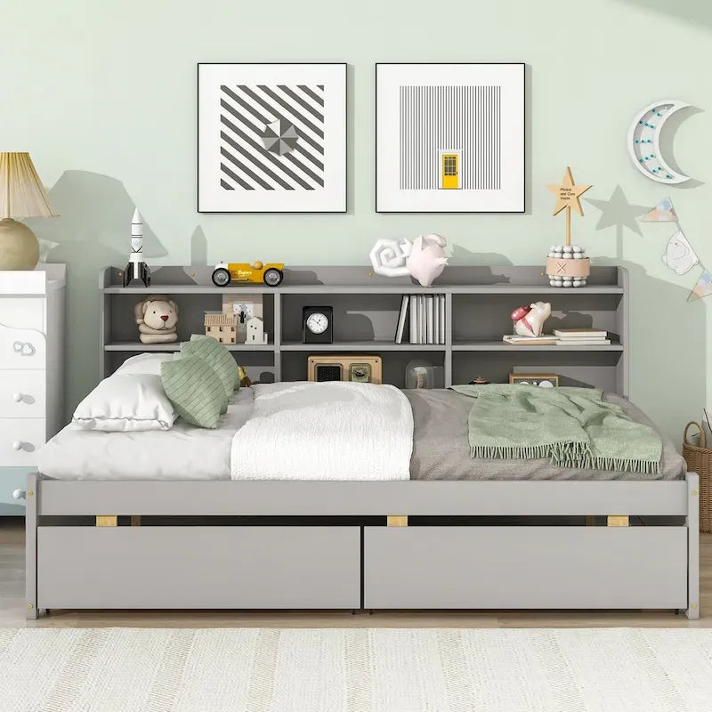Cama matrimonial gris/expreso/blanca con estantería lateral y 2 cajones, capacidad para 1 o 2 personas