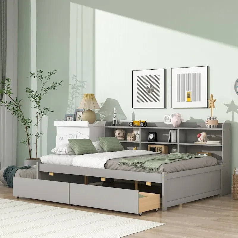 Cama matrimonial gris/expreso/blanca con estantería lateral y 2 cajones, capacidad para 1 o 2 personas