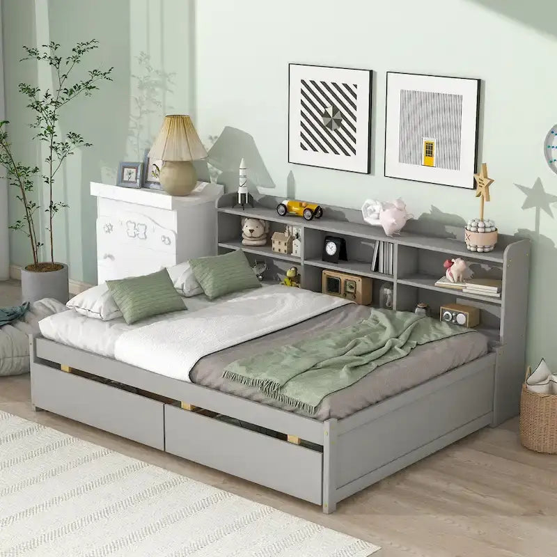 Cama matrimonial gris/expreso/blanca con estantería lateral y 2 cajones, capacidad para 1 o 2 personas