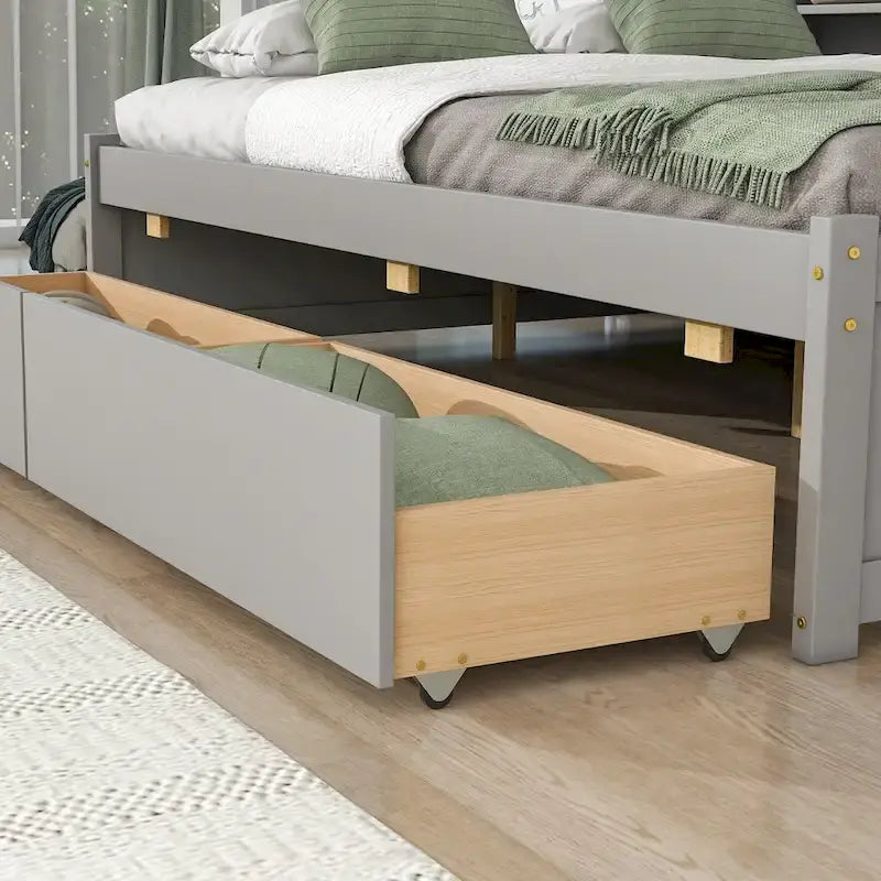 Cama matrimonial gris/expreso/blanca con estantería lateral y 2 cajones, capacidad para 1 o 2 personas
