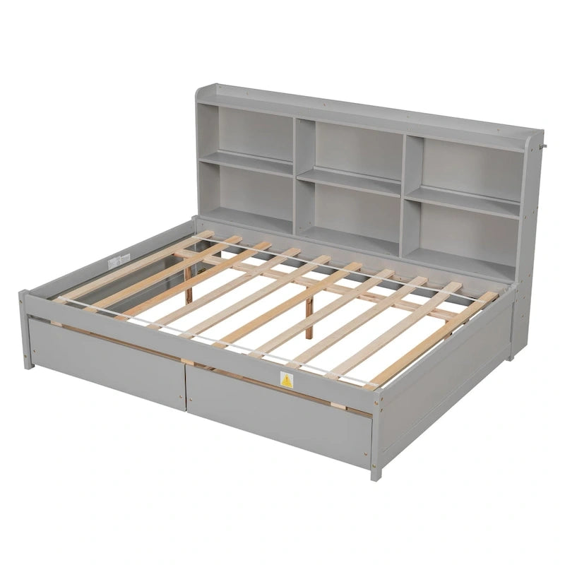 Cama matrimonial gris/expreso/blanca con estantería lateral y 2 cajones, capacidad para 1 o 2 personas