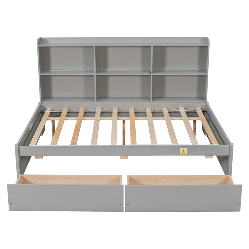 Cama matrimonial gris/expreso/blanca con estantería lateral y 2 cajones, capacidad para 1 o 2 personas