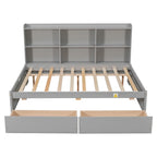 Cama matrimonial gris/expreso/blanca con estantería lateral y 2 cajones, capacidad para 1 o 2 personas