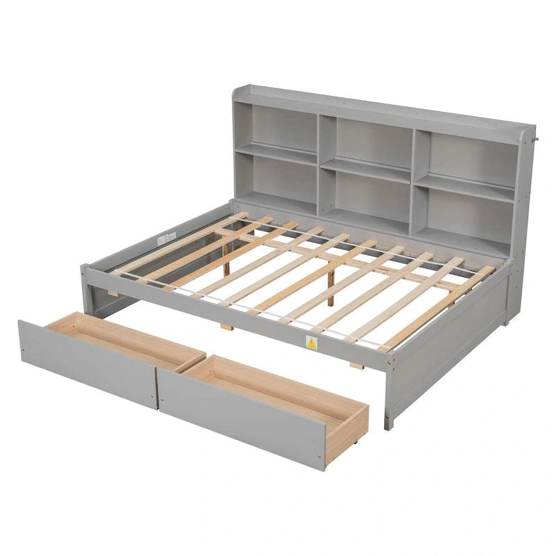 Cama matrimonial gris/expreso/blanca con estantería lateral y 2 cajones, capacidad para 1 o 2 personas