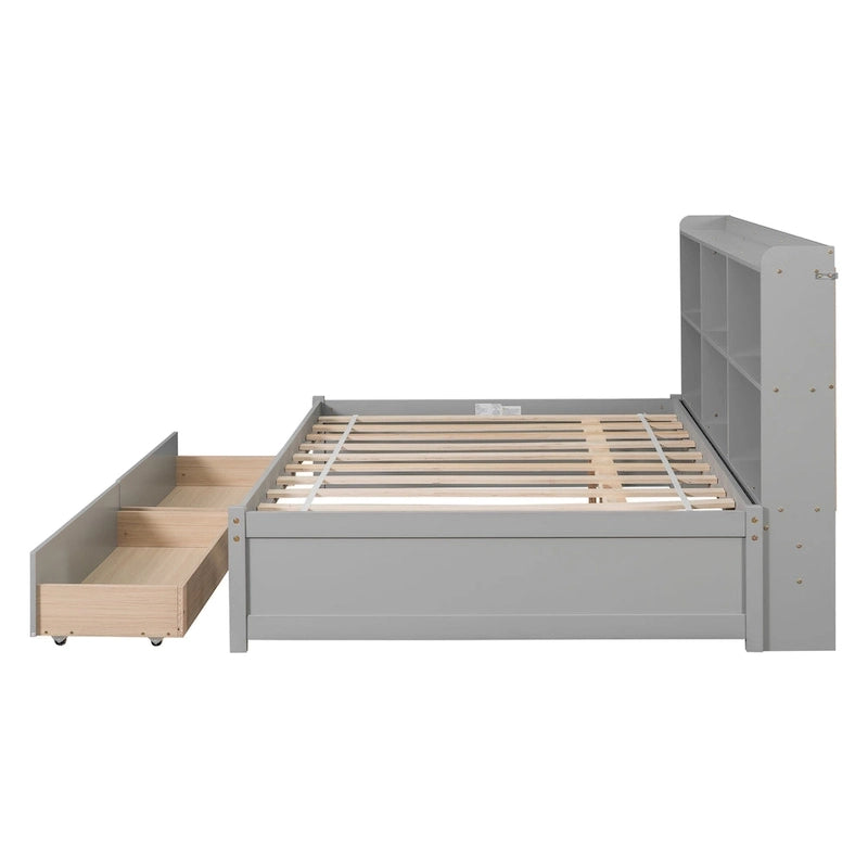 Cama matrimonial gris/expreso/blanca con estantería lateral y 2 cajones, capacidad para 1 o 2 personas
