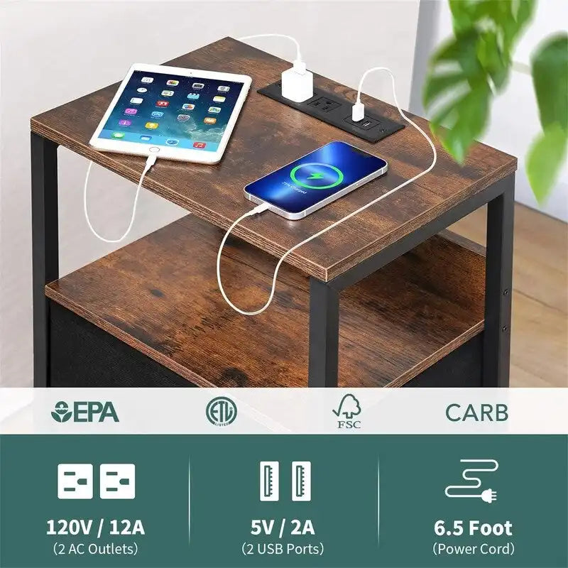 Mesita de Noche con Estación de Carga USB, 2 Cajones y Estante Abierto, Marrón Vintage/Negro y Blanco, 1 Persona
