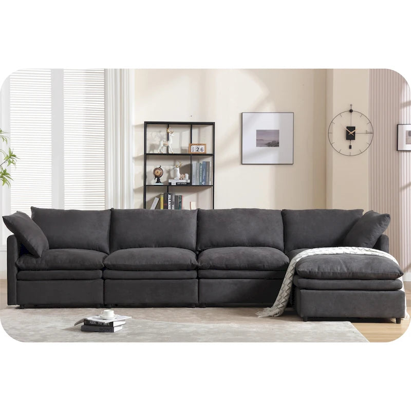 Sofá seccional gris y beige con chaise, 4 asientos