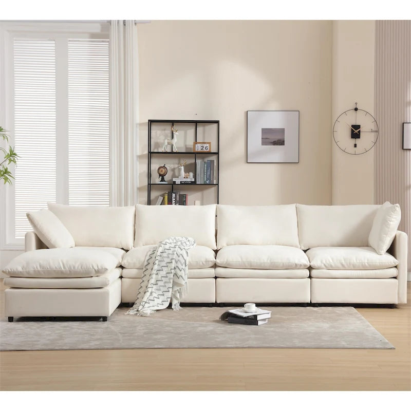 Sofá seccional gris y beige con chaise, 4 asientos
