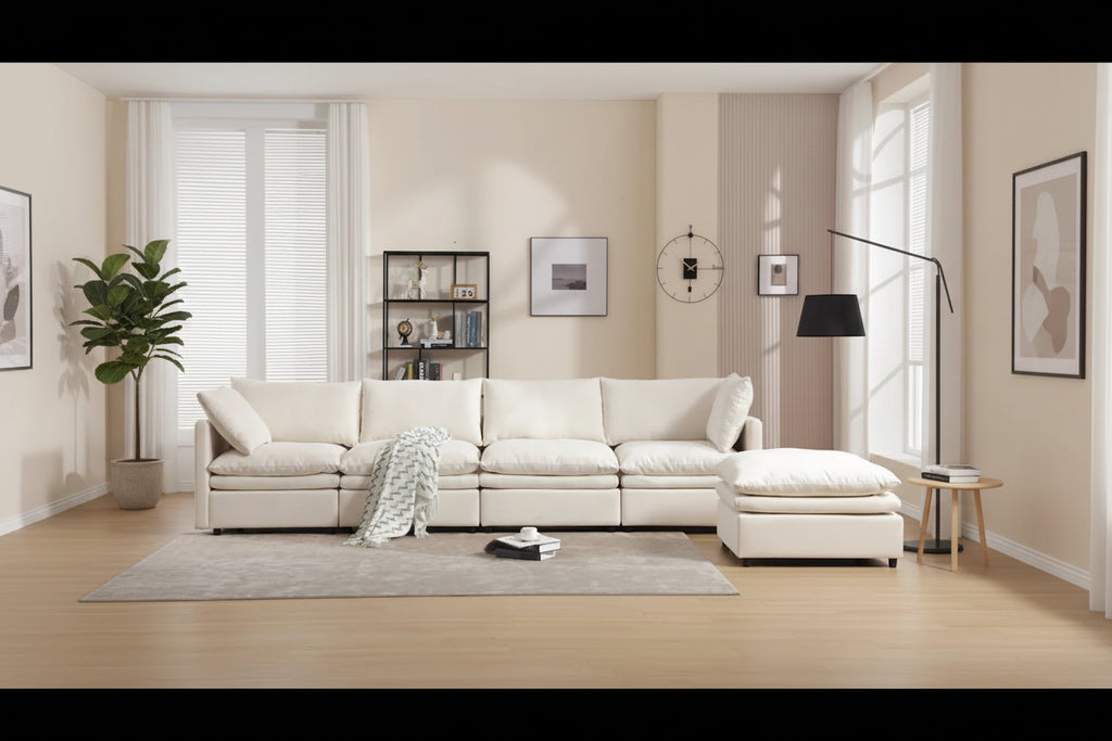 Sofá seccional gris y beige con chaise, 4 asientos