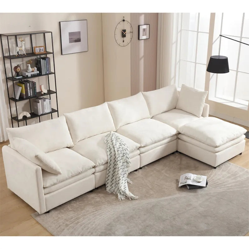 Sofá seccional gris y beige con chaise, 4 asientos