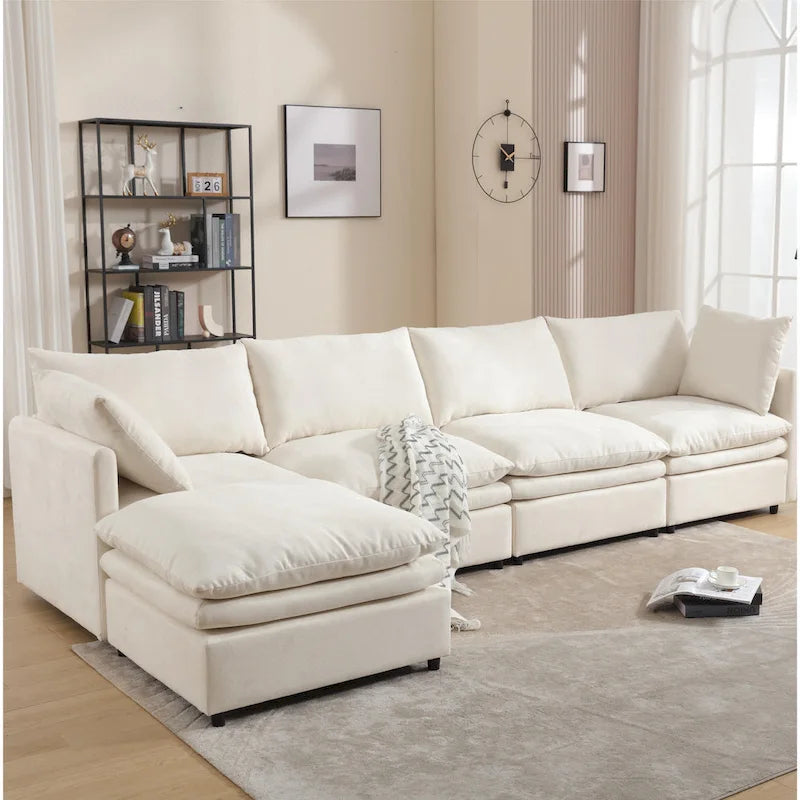 Sofá seccional gris y beige con chaise, 4 asientos