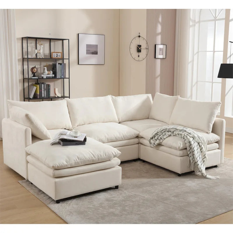 Sofá seccional gris y beige con chaise, 4 asientos