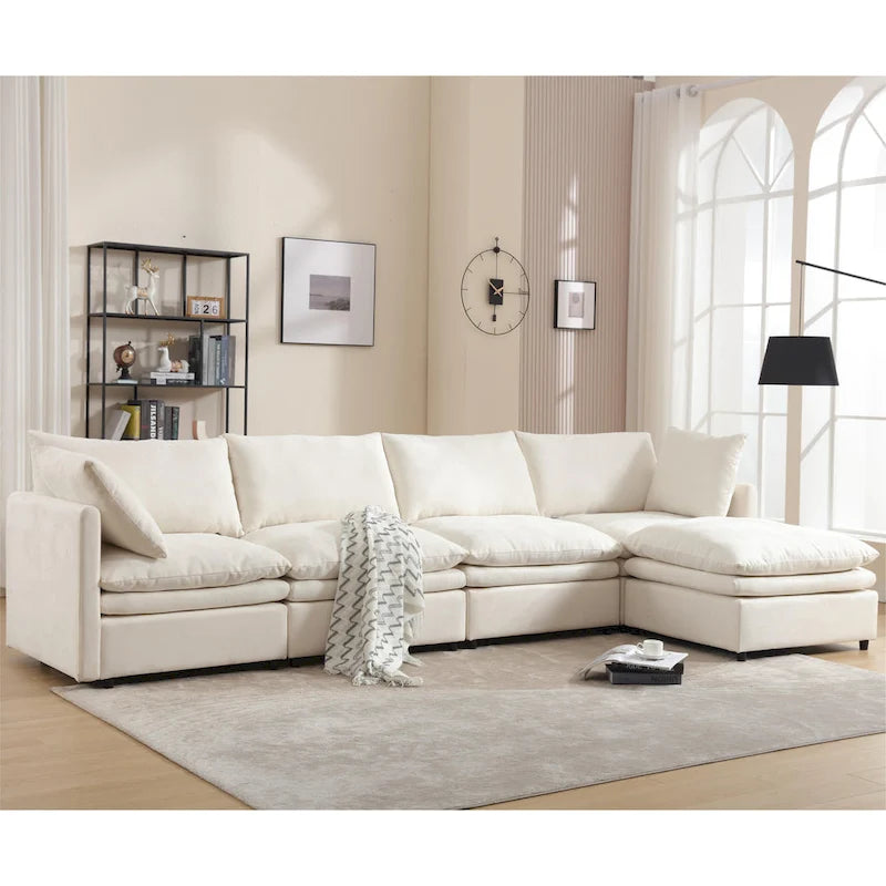 Sofá seccional gris y beige con chaise, 4 asientos