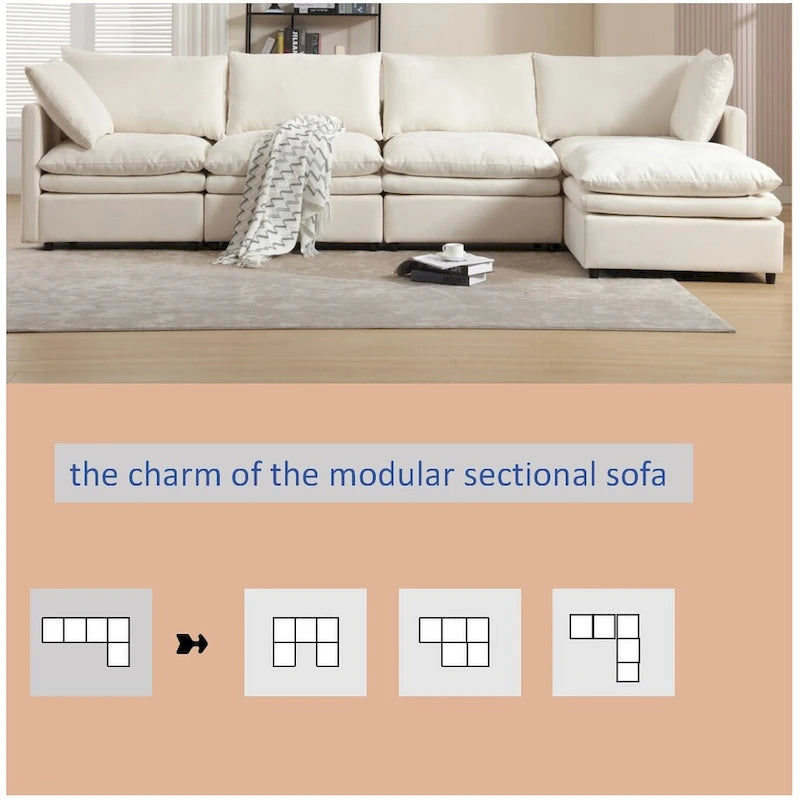 Sofá seccional gris y beige con chaise, 4 asientos