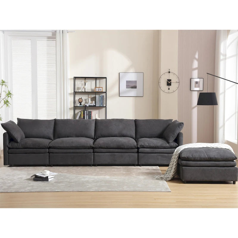 Sofá seccional gris y beige con chaise, 4 asientos