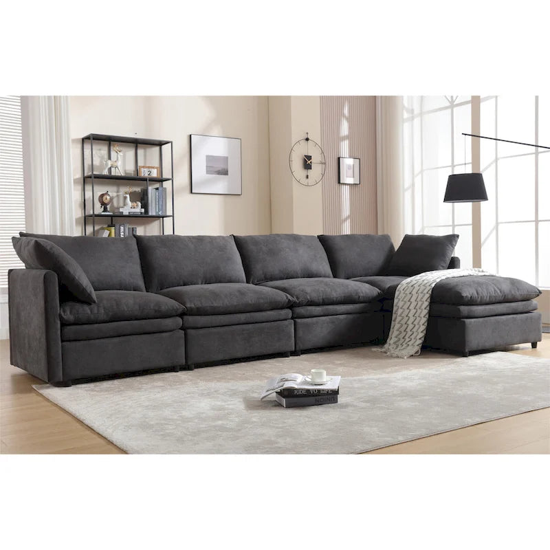 Sofá seccional gris y beige con chaise, 4 asientos