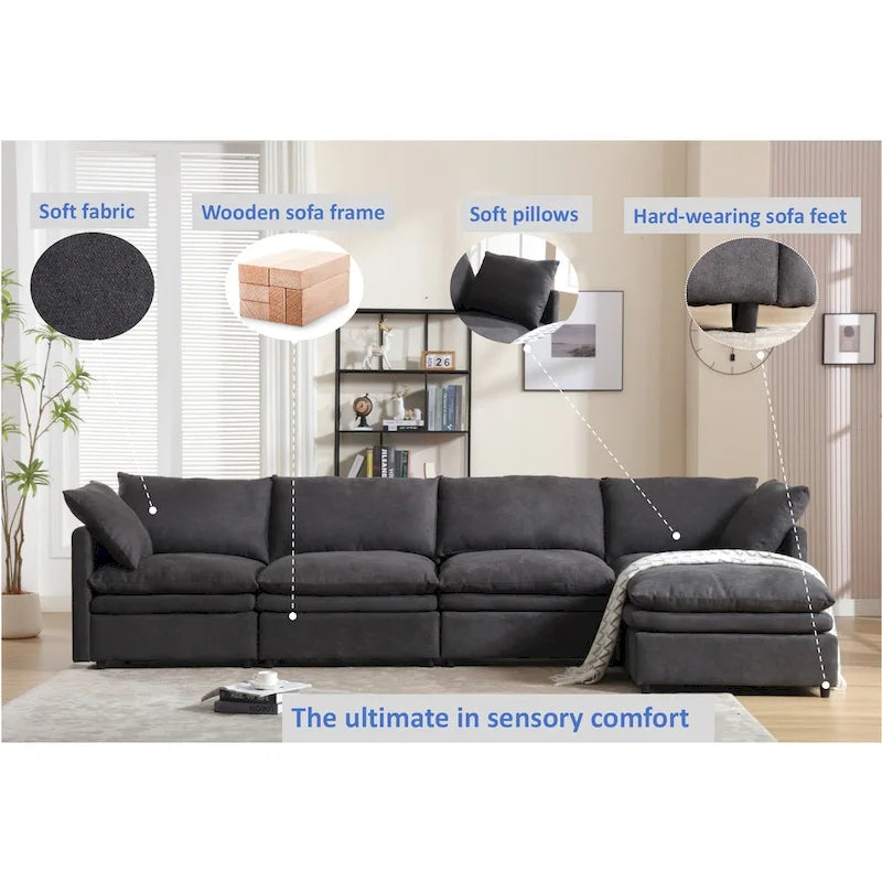 Sofá seccional gris y beige con chaise, 4 asientos