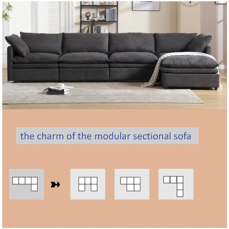 Sofá seccional gris y beige con chaise, 4 asientos