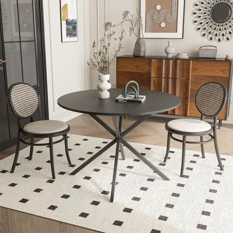 Mesa de comedor redonda con patas cruzadas de 42" para 2-4 personas – Negro mate / Negro / Blanco mármol / Blanco