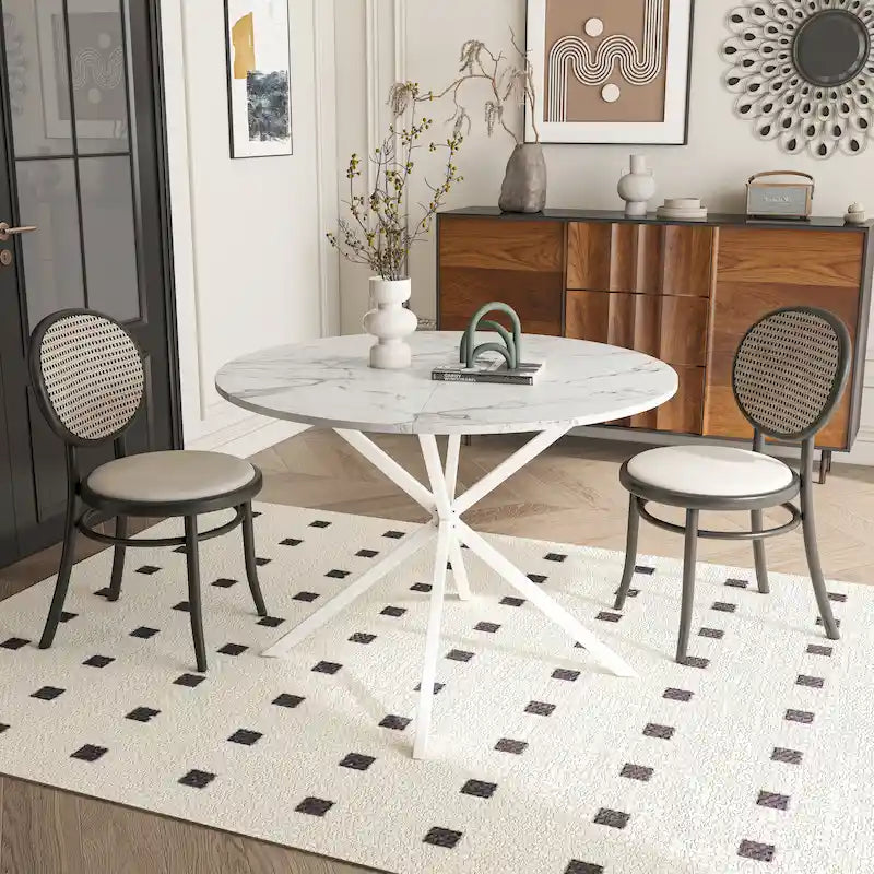 Mesa de comedor redonda con patas cruzadas de 42" para 2-4 personas – Negro mate / Negro / Blanco mármol / Blanco