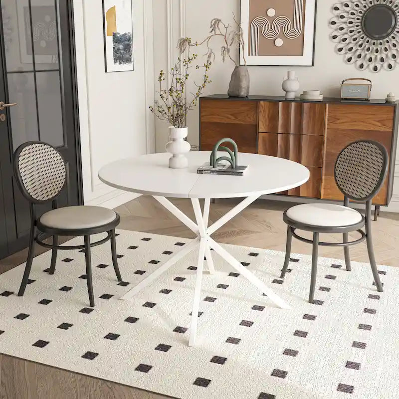 Mesa de comedor redonda con patas cruzadas de 42" para 2-4 personas – Negro mate / Negro / Blanco mármol / Blanco