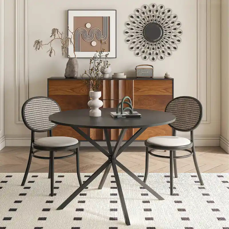 Mesa de comedor redonda con patas cruzadas de 42" para 2-4 personas – Negro mate / Negro / Blanco mármol / Blanco