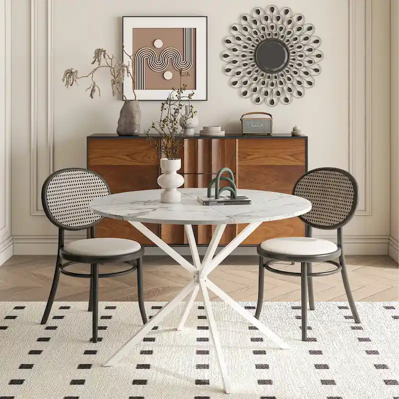 Mesa de comedor redonda con patas cruzadas de 42" para 2-4 personas – Negro mate / Negro / Blanco mármol / Blanco