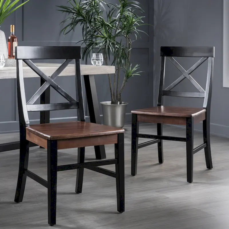 Sillas de comedor de madera de acacia estilo rústico, blancas/negras, juego de 2