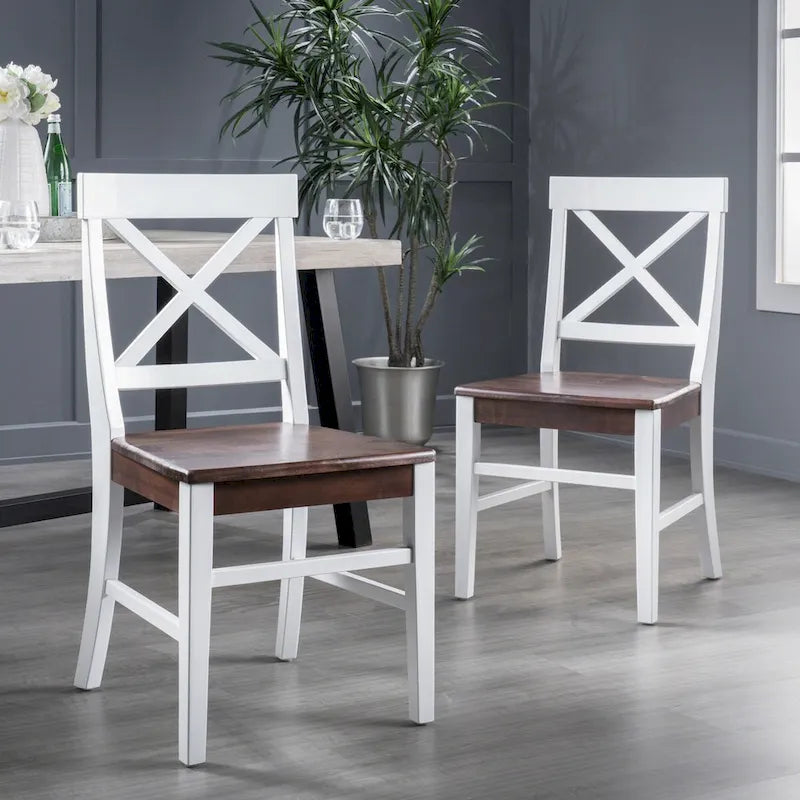 Sillas de comedor de madera de acacia estilo rústico, blancas/negras, juego de 2