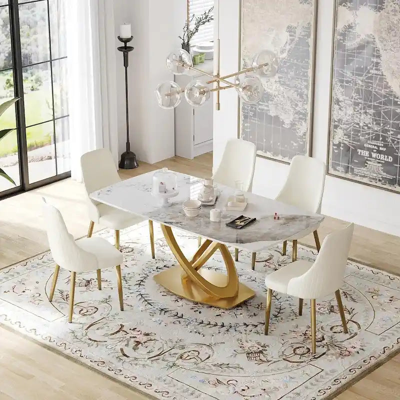 Mesa de Comedor de Piedra Sinterizada con Base de Acero Inoxidable Dorado, Pandora / Negro / Blanco, Capacidad para 8 personas