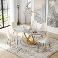 Mesa de Comedor de Piedra Sinterizada con Base de Acero Inoxidable Dorado, Pandora / Negro / Blanco, Capacidad para 8 personas
