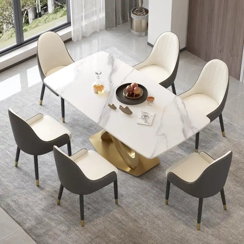 Mesa de Comedor de Piedra Sinterizada con Base de Acero Inoxidable Dorado, Pandora / Negro / Blanco, Capacidad para 8 personas