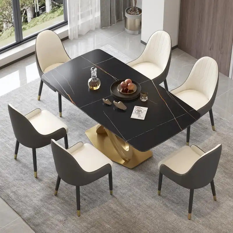 Mesa de Comedor de Piedra Sinterizada con Base de Acero Inoxidable Dorado, Pandora / Negro / Blanco, Capacidad para 8 personas