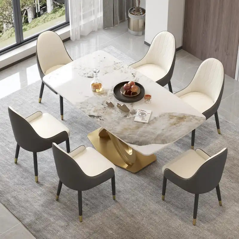 Mesa de Comedor de Piedra Sinterizada con Base de Acero Inoxidable Dorado, Pandora / Negro / Blanco, Capacidad para 8 personas