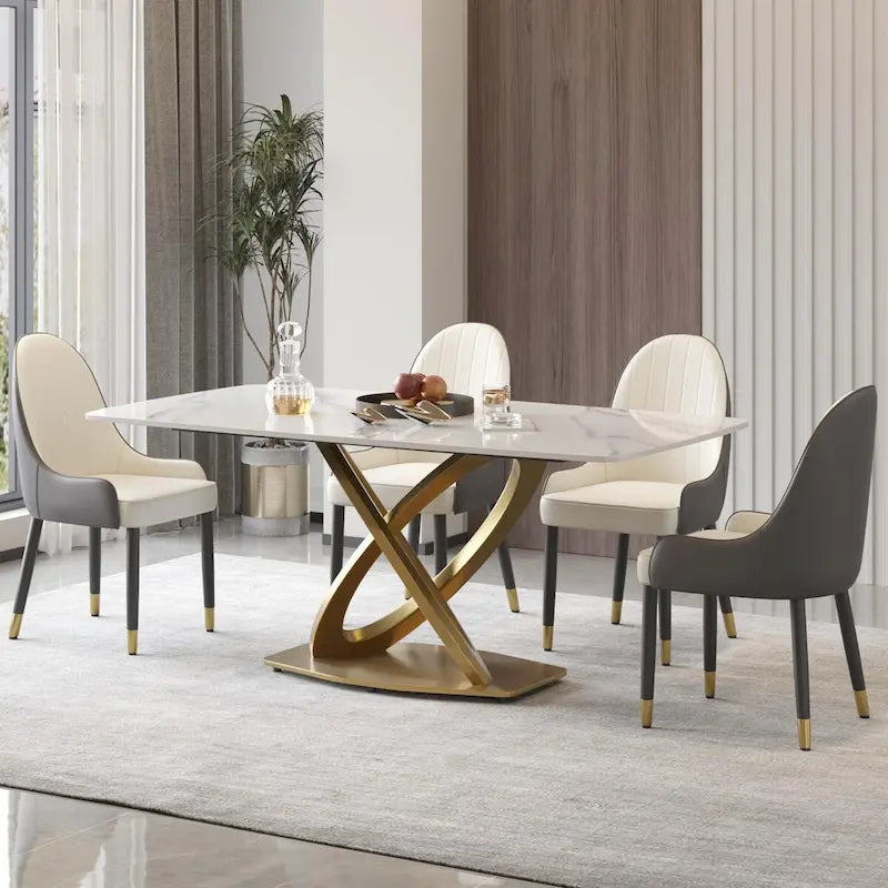 Mesa de Comedor de Piedra Sinterizada con Base de Acero Inoxidable Dorado, Pandora / Negro / Blanco, Capacidad para 8 personas
