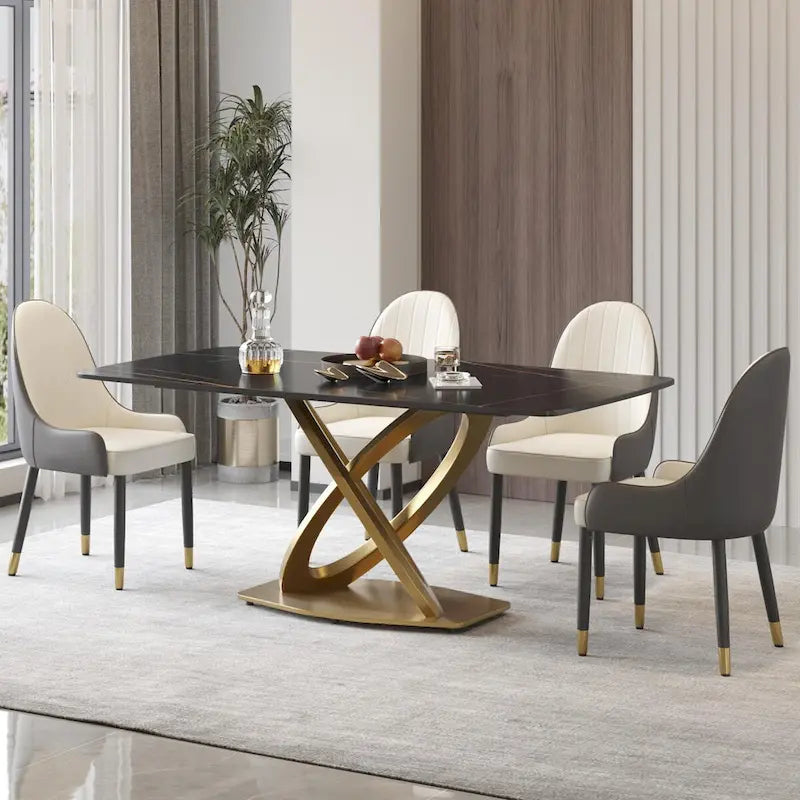 Mesa de Comedor de Piedra Sinterizada con Base de Acero Inoxidable Dorado, Pandora / Negro / Blanco, Capacidad para 8 personas