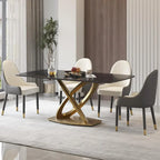 Mesa de Comedor de Piedra Sinterizada con Base de Acero Inoxidable Dorado, Pandora / Negro / Blanco, Capacidad para 8 personas