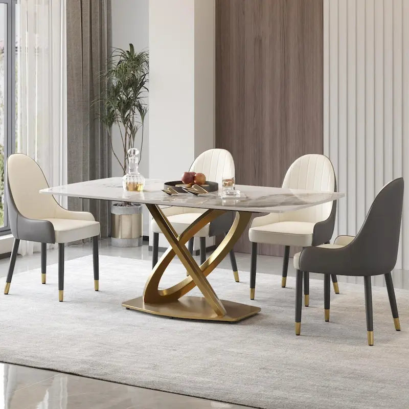Mesa de Comedor de Piedra Sinterizada con Base de Acero Inoxidable Dorado, Pandora / Negro / Blanco, Capacidad para 8 personas