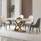 Mesa de Comedor de Piedra Sinterizada con Base de Acero Inoxidable Dorado, Pandora / Negro / Blanco, Capacidad para 8 personas