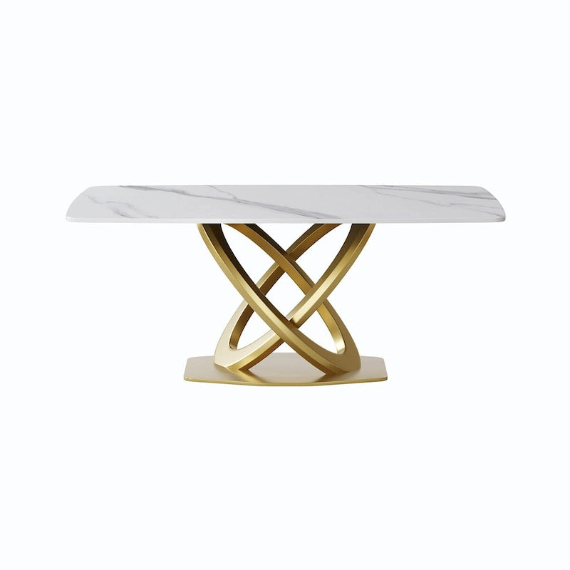 Mesa de Comedor de Piedra Sinterizada con Base de Acero Inoxidable Dorado, Pandora / Negro / Blanco, Capacidad para 8 personas