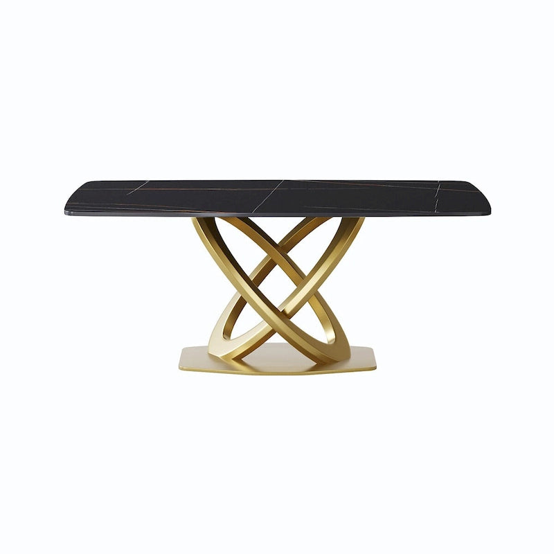 Mesa de Comedor de Piedra Sinterizada con Base de Acero Inoxidable Dorado, Pandora / Negro / Blanco, Capacidad para 8 personas