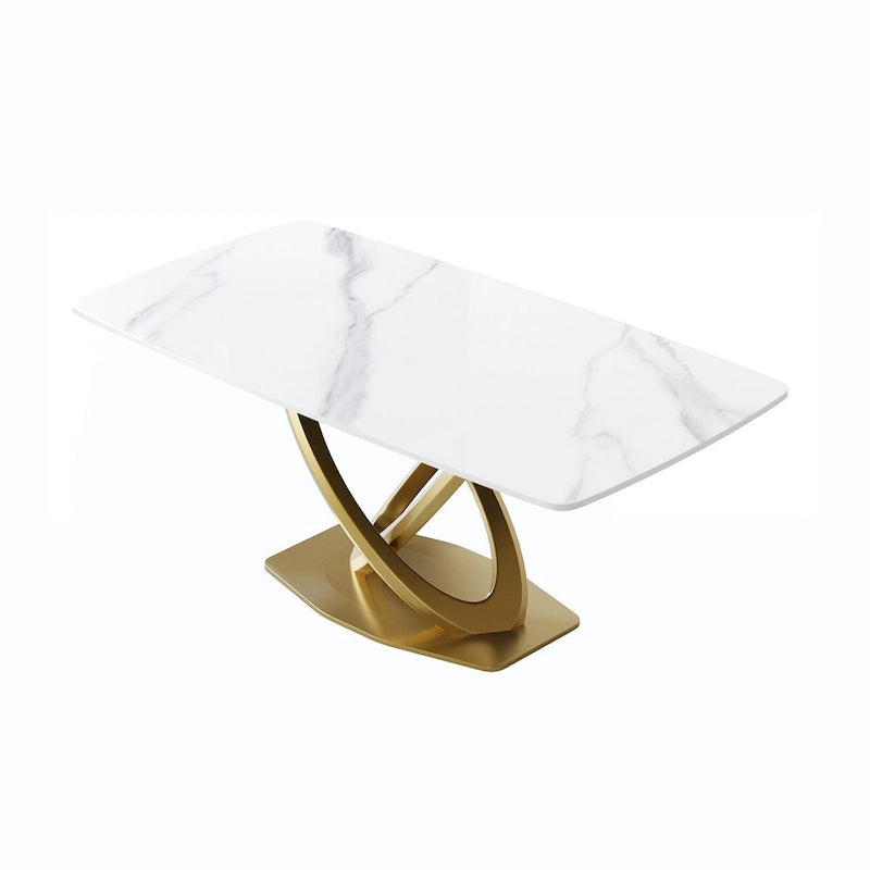 Mesa de Comedor de Piedra Sinterizada con Base de Acero Inoxidable Dorado, Pandora / Negro / Blanco, Capacidad para 8 personas