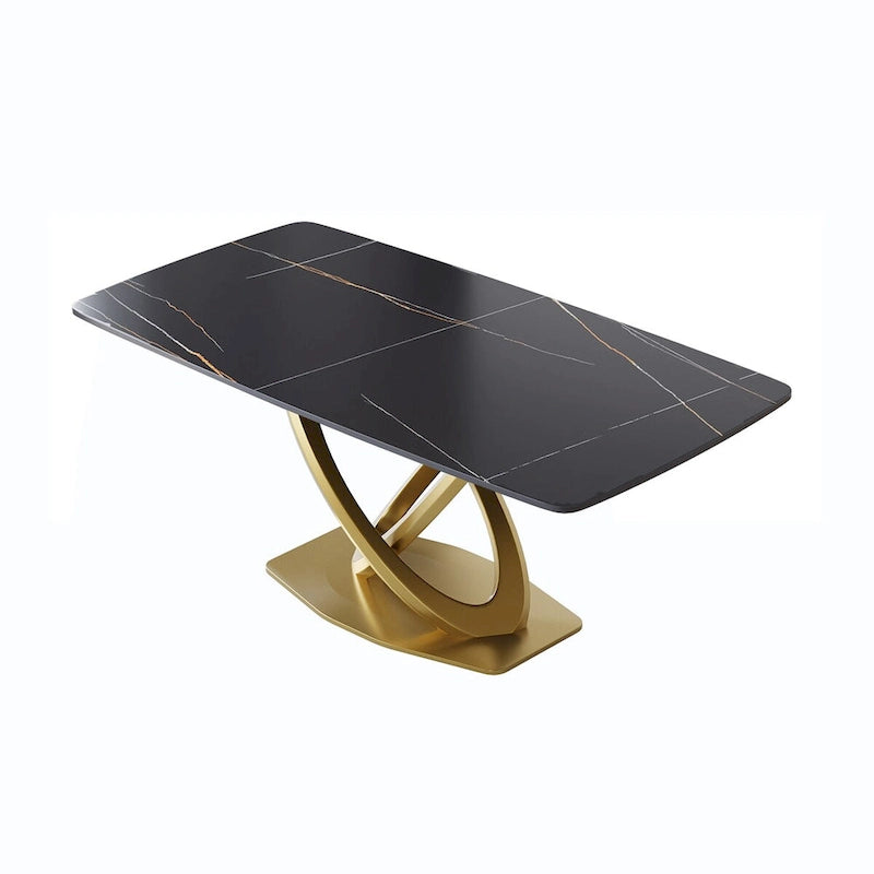 Mesa de Comedor de Piedra Sinterizada con Base de Acero Inoxidable Dorado, Pandora / Negro / Blanco, Capacidad para 8 personas