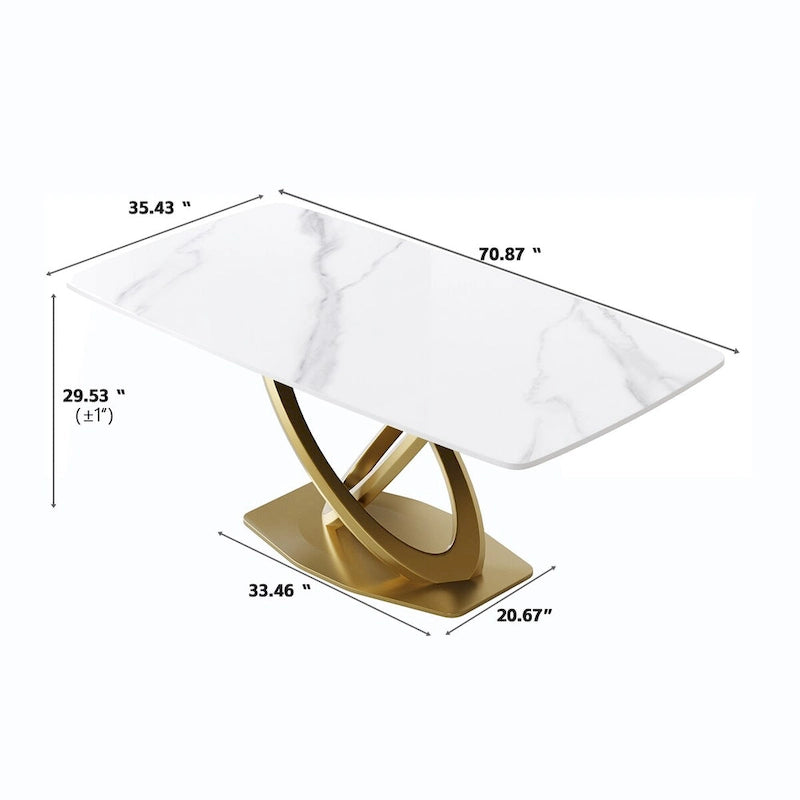 Mesa de Comedor de Piedra Sinterizada con Base de Acero Inoxidable Dorado, Pandora / Negro / Blanco, Capacidad para 8 personas